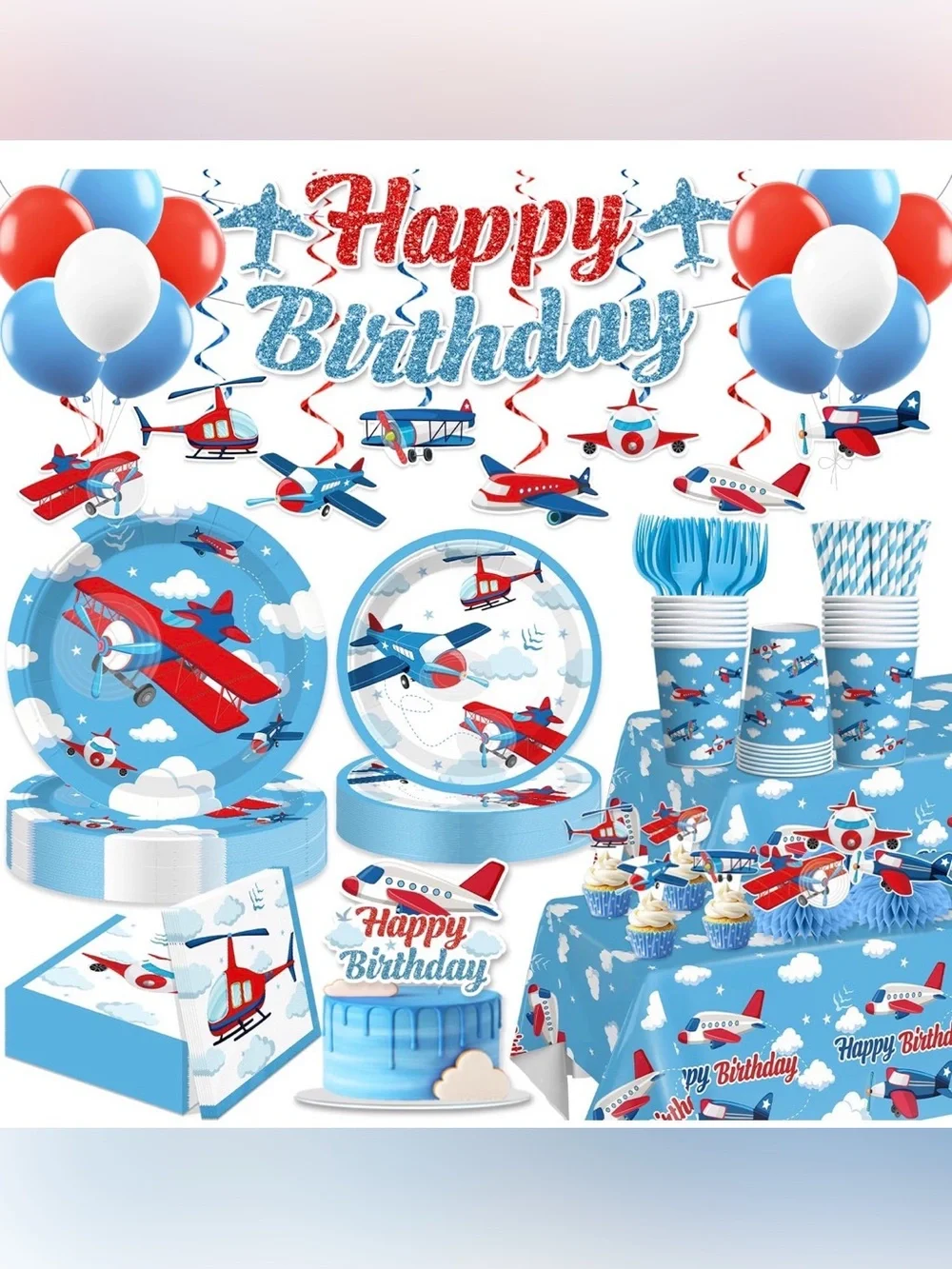 Party Airplane Tableware Set - Blue Red Plane Theme - See below for totals